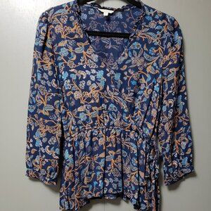 Lucky Brand Faux Wrap Floral Paisley 3/4 Sleeve Top